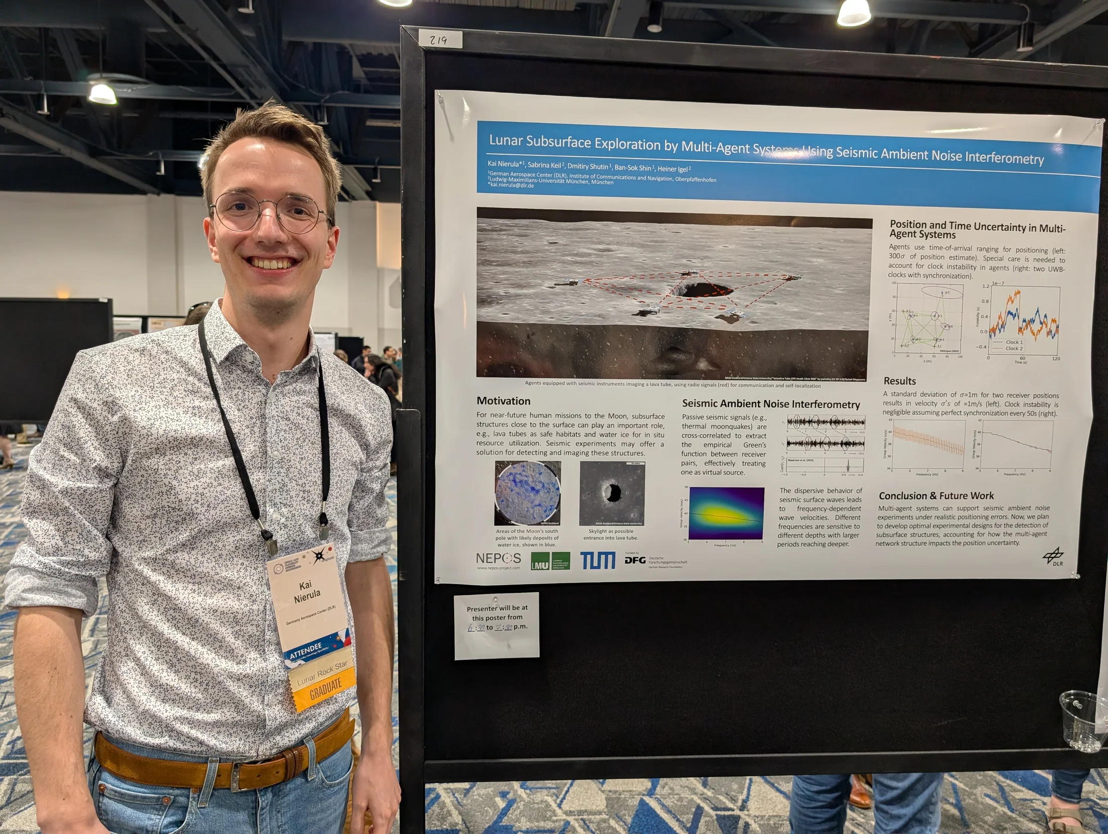 Kai Löhr with the NEPOS poster at LPSC 2025.